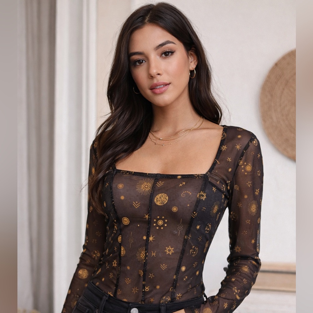 Noisy May Sheer Celestial Zodiac Mesh Corset Top Black‎ Gold Long Sleeve L NWT